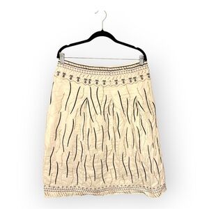 Dizzy Lizzie Linen Beaded Embroidered Skirt Cream Black Resort Boho Medium